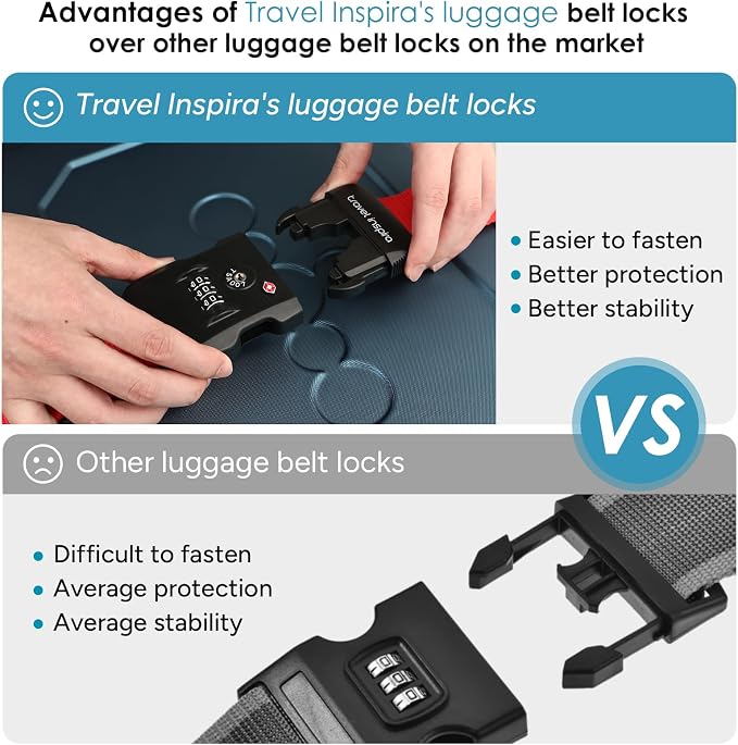 Travel Inspira 2 Pack Luggage Straps for Suitcases with TSA Lock | 2-Pack Set; TSA-Approved Lock with Tag; Adjustable 103-200cm; High Visibility Red; Heavy-Duty Nylon; 20-28 Inch Suitcases - Image 6