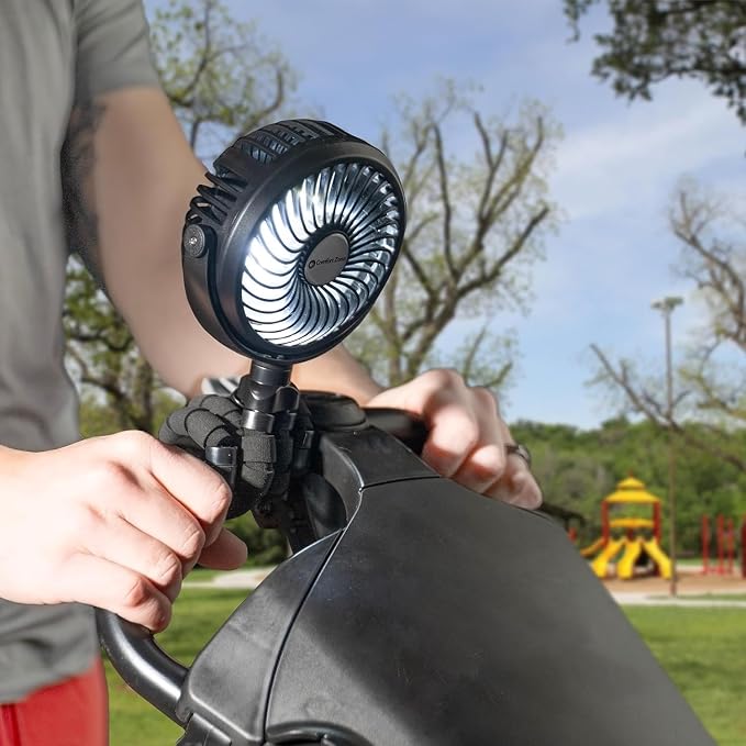 Comfort Zone Portable Stroller Fan, Pink | Rechargeable Battery Operated, Clip-On with 360° Flexible Tripod, LED Light, 3-Speed Cooling - Image 2