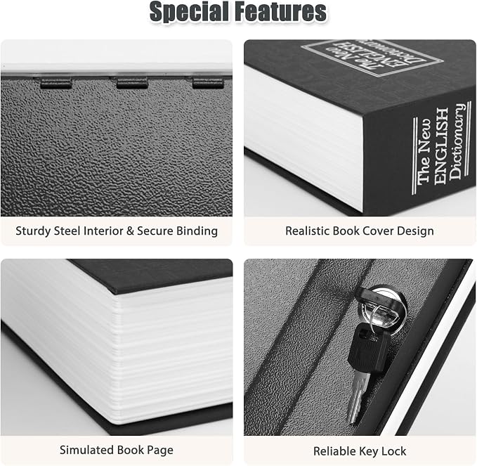 KYODOLED Diversion Book Safe with Key Lock, Secret Safe Metal Lock Box, Money Storage Collection Box, 9.5" x 6.2" x 2.2", Black Large - Image 4