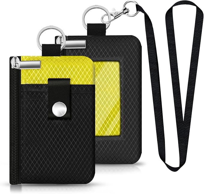 Minimalist RFID Blocking Small Wallet with ID Window,WaterResistant Zip Id Case Wallet with Lanyard Keychain for Cards,Cash,Travel,Women,Men (Black/Lemon Yellow) - Image 3