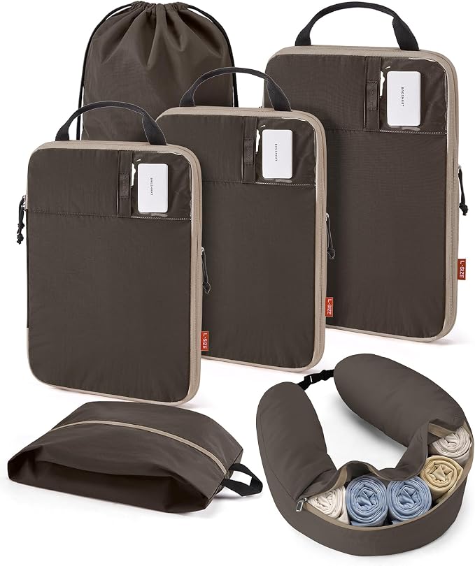 BAGSMART Compression Packing Cubes with Fillable Neck Pillow for Clothes | 1 Wearable Neck Pillow & 5 Travel Bags to Avoid Baggage Fees, Durable, Tear Resistant Washable Taslan Fabric with Card Slots by BAGSMART