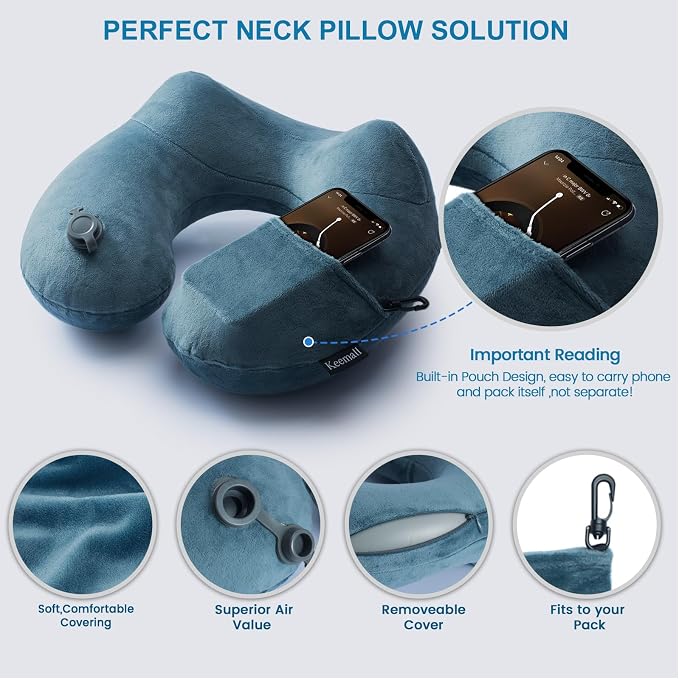Keemall Inflatable Travel Neck Pillow, Cervical Support for Airplane & Car | Upgraded Ergonomic Blow-Up Cushion with Washable Cover, Relieves Neck Pain for Office Naps, Car Trips & Long Flights, Grey - Image 4