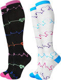 Compression Socks for Women 15-20 mmHg, 2 Pairs | Graduated Support, Knee High Fit, Polyester Stretch, Circulation Comfort, Nurses, Travel, Athletes, Flight, Daily, Patterned by JMHACHY