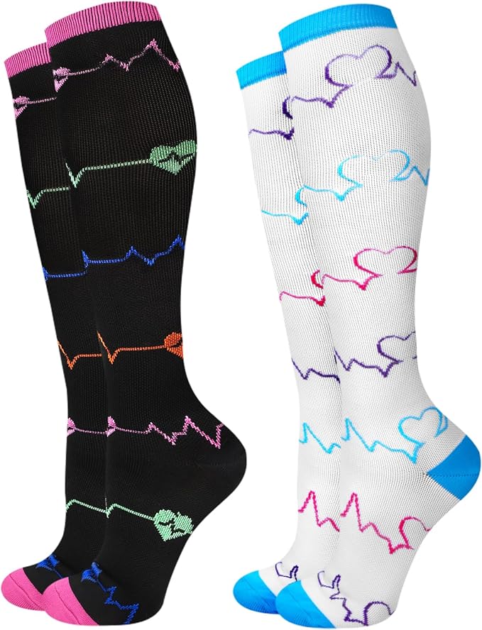 Compression Socks for Women 15-20 mmHg, 2 Pairs | Graduated Support, Knee High Fit, Polyester Stretch, Circulation Comfort, Nurses, Travel, Athletes, Flight, Daily, Patterned by JMHACHY