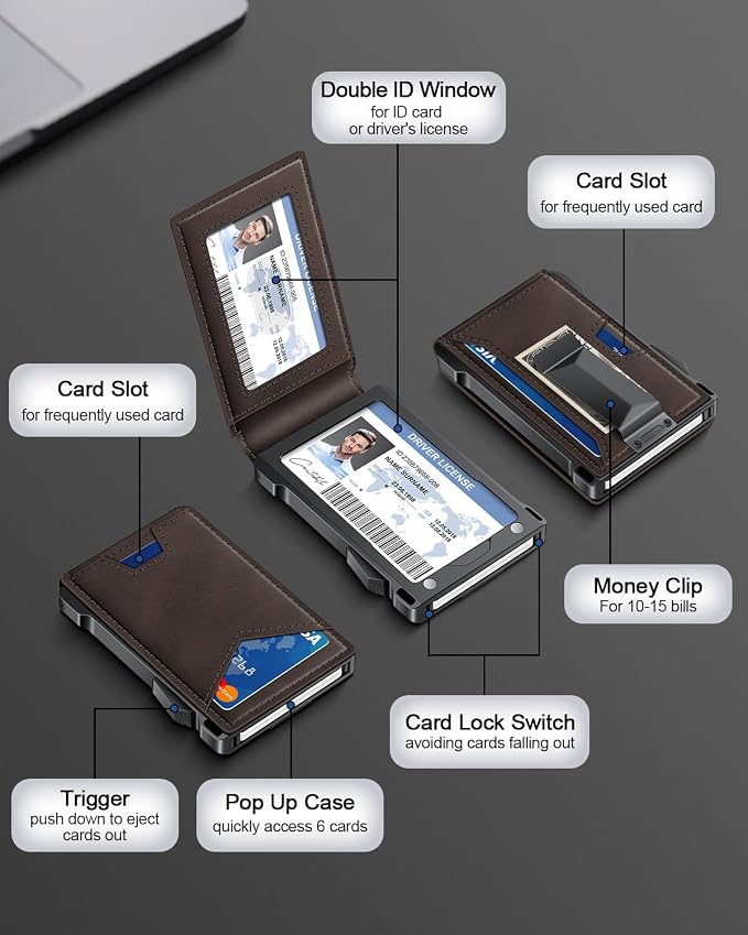 Wallet for Men RFID Wallet with 2 ID Windows & Money Clip, Slim Pop Up Card Holder for 10-12 Cards, Bifold Minimalist Smart Wallet for Front Pocket, Compact Metal Credit Card Holder, Gifts for Men - Image 6