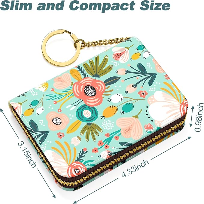 Nipichsha Women's Credit Card Holder Wallet, Green Flower, Leather, Compact, Slim, 12-Slot, RFID Blocking | Leather Card Holder Wallet, Credit Card Wallet Organizer, Business Card Case with Zipper & Keychain, 12-Slot Compartment - Image 5