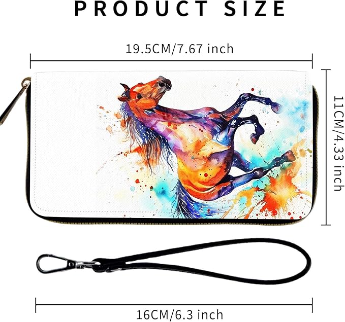 Wallet,Leather Long Wallet Suitable For Ladies And Teenagers - Detachable Wristband + RFID Travel Wallet With Card Slot - Watercolor Horse - Image 2