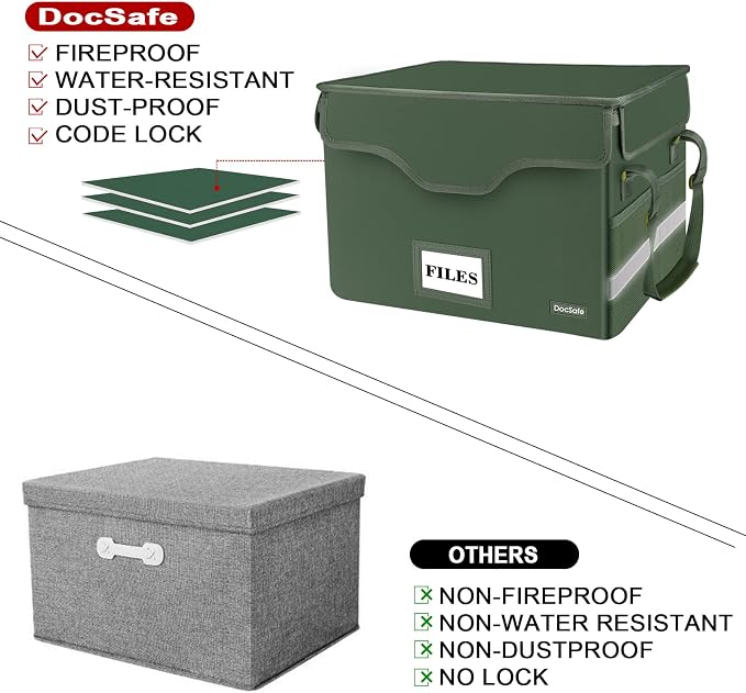 DocSafe Fireproof Document Box with Lock,File Storage Organizer with Mesh Pockets＆Lid,Collapsible Portable File Box Home Office Safe Filing Cabinet with Handle for Hanging Letter/Legal Folder,Green - Image 6