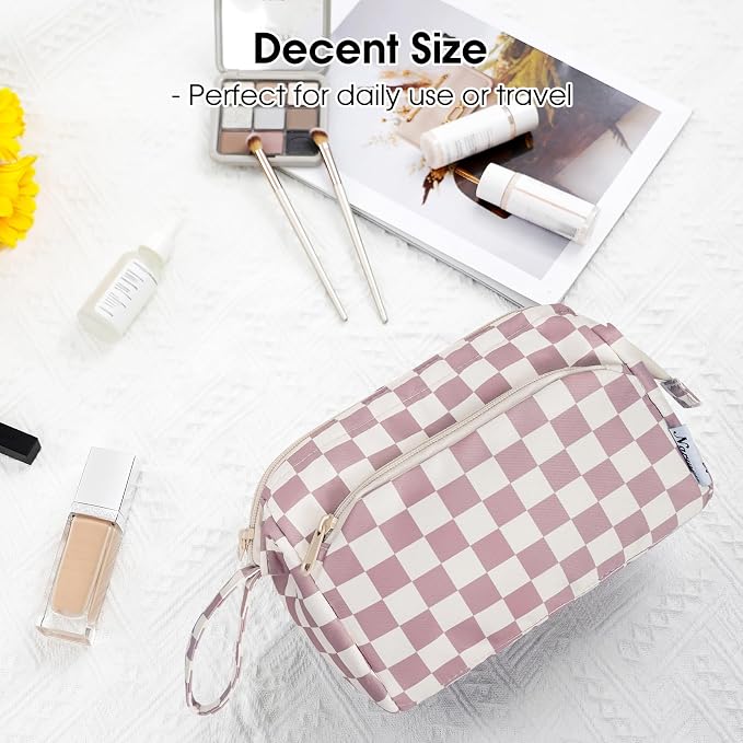 Narwey Checkered Makeup Bag Women Wide-open Make up Bag Travel Cosmetic Bag Organizer Toiletry Bag for Cosmetics Toiletries Accessories (Dusty Rose Checkerboard) - Image 7