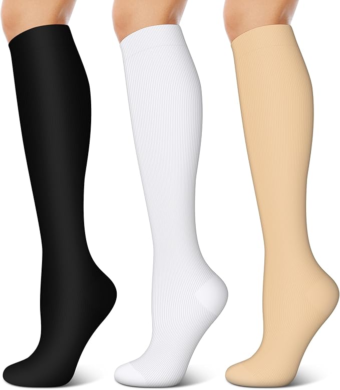 3 Pairs Compression Socks for Women & Men 15-20 mmHg- Best Support for Nurses, Running, Hiking, Recovery & Flight Socks by KXOVT