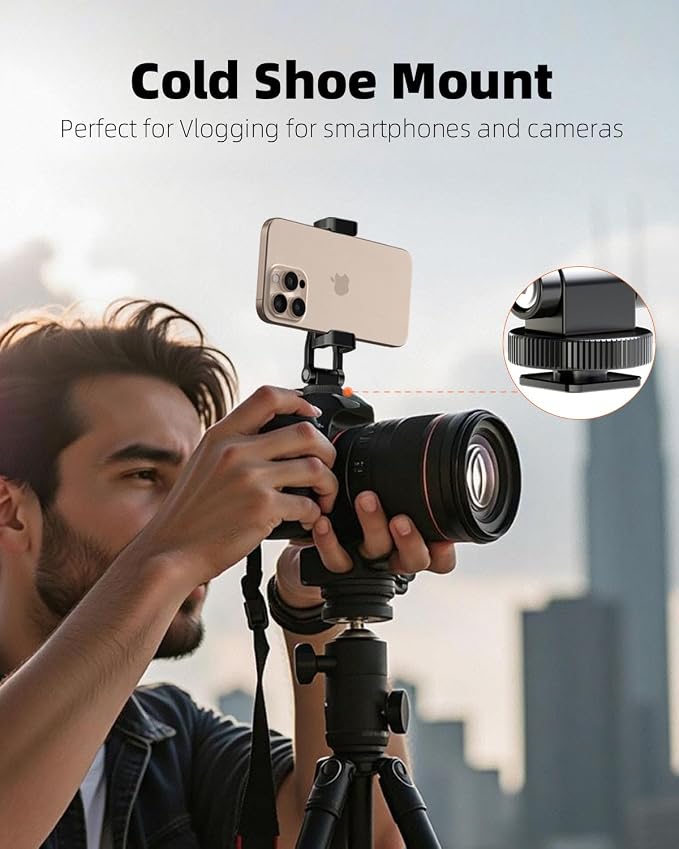 All Metal Phone Tripod Mount, 360° Rotation Tripod Phone Mount with 2 Cold Shoes, Adjustable Cell Phone Mount Adapter with 1/4" Thread, Compatible with iPhone Android Phones, Digital Camera - Image 2