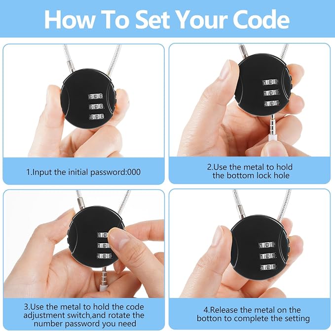 448 Pack 3 Digit Combination Cable Padlock,Black | Resettable for Gym Locker Luggage Backpack, Waterproof Outdoor Security, Small Combo Lock for Travel School Storage - Image 4