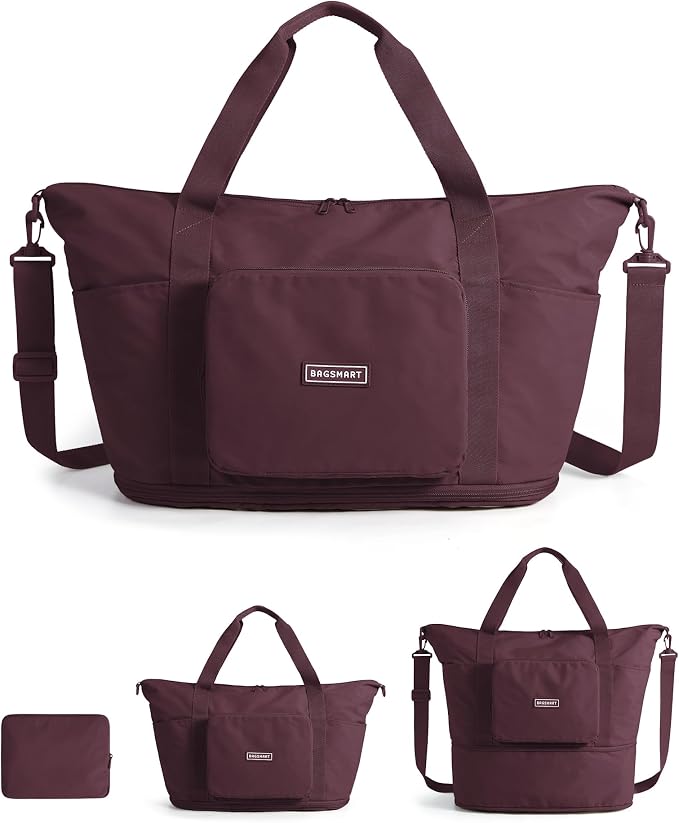 BAGSMART Foldable Travel Bag, 37L Expandable Personal Item Bag, Cherry Red | Airline Approved Personal Carry-on Size, Fits Under-seat, Trolley Sleeve, Backup Bag for Travel, Vacation, Overnight by BAGSMART