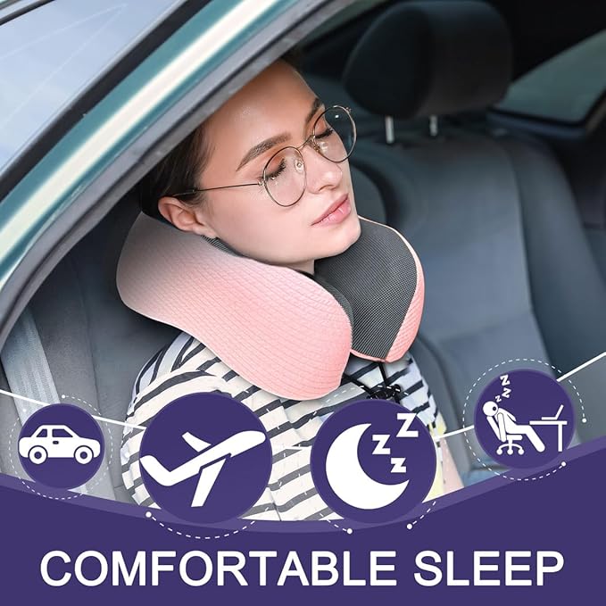 napfun Neck Pillow for Travel with Travel Pouch, Sleep Mask & Earplugs, Memory Foam Airplane Pillow for Headrest Sleep with Eyeshades, Plane Essentials with Eye Blindfold, Pink Striped Kit - Image 2