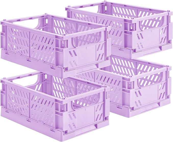 HUUSMOT 4-Pack Collapsible Plastic Storage Baskets, Purple, 9.8"x6.5"x3.8" | Pastel, Space-Saving, Collapsible Plastic Bins, Cute Mini Storage Crates, for Classroom, Kitchen, Office, Bedroom by HUUSMOT