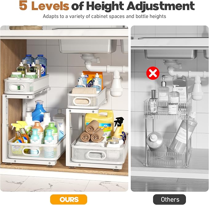 2 Pack Under Sink Organizer With Smooth Cylindrical Rail,2-Tier Pull Out Multi-Purpose Cabinet Storage for Bathroom&Kitchen,Height Adjustable,Rust-resistant Coating-White - Image 8