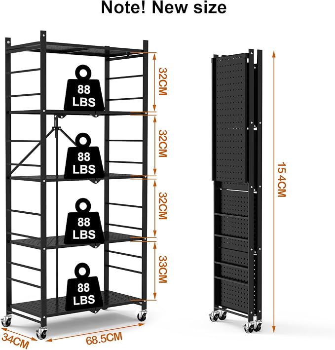 Himix 5-Tier Foldable Storage Shelves with 20 Hooks Wheels Kitchen Black | Folding shelving units, Metal collapsible organization, Wire rack, No assembly, Bookshelf, Garage, Pantry, Holds 440 Ibs - Image 3