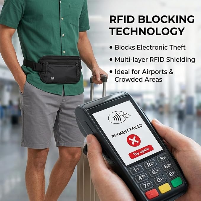 RFID Blocking Money Belt for Travel, Hidden Anti Theft Waist Pouch with RFID Protection, Slim Passport Holder Fanny Pack for Cash, Credit Cards, Phone & Travel Essentials-lightgrey-Black - Image 2