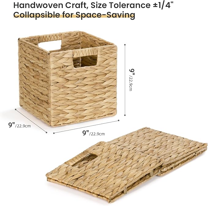 Water Hyacinth Storage Baskets 9in, 4 Pack Wicker Storage Cubes with Handles, Foldable Natural Woven Baskets for Shelves Closet Bathroom, Handmade Organizer Bins - Image 2