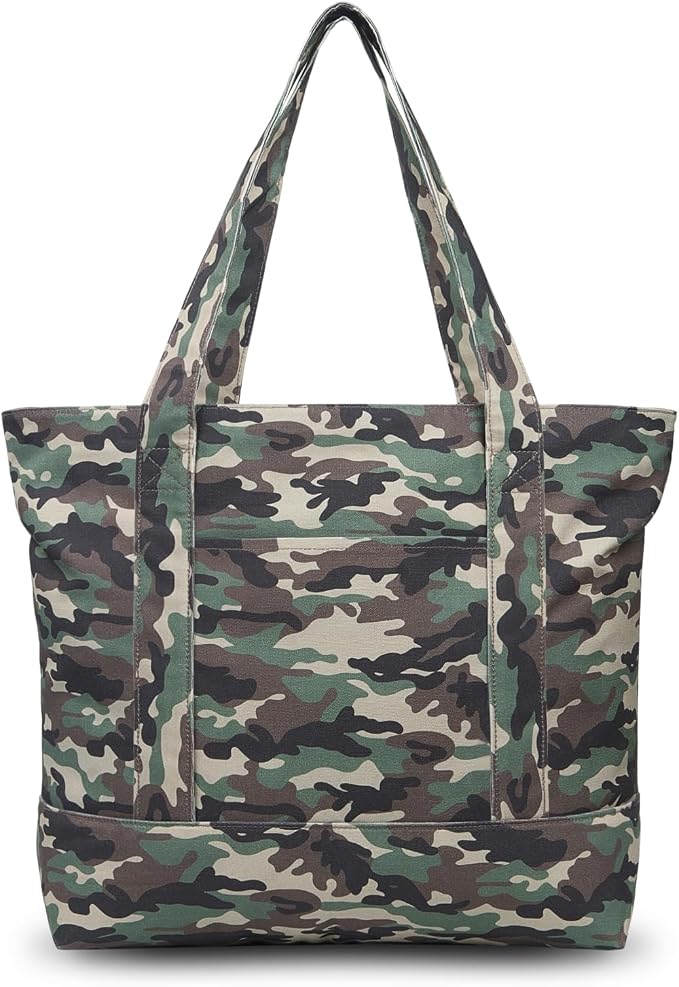 TOPDesign 1-Pack Canvas Tote Bag with an External Pocket, Reusable Grocery Shopping Bag, Top Zipper Closure, Daily Essentials (Camo) by TOPDesign