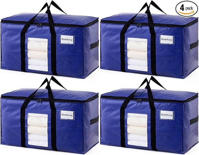 TAILI 4 Pack Dark Blue XXL Moving Bags,Storage Bags with Visible Window | 93L Heavy Duty Totes For Storage,Wrap Around Handles,Alternative to Moving Boxes, College Dorm,Perfect for Moving by TAILI