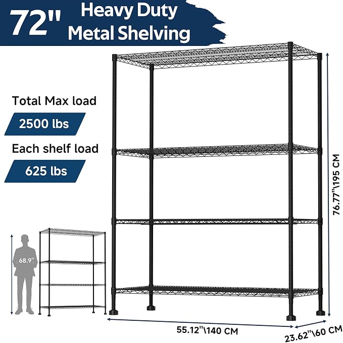 Whitmor 4 Tier Storage Shelves with Wheels, Heavy Duty Metal Shelving Unit, 625 lbs Capacity per Shelf, 2500 lbs Total for Kitchen, Garage, Plant, 55" L x 24" W x 72" H, Black - Image 2