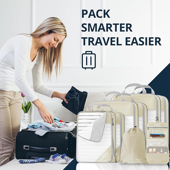 Compression Packing Cubes 8 Set, Compressible Space-Saving Packing Cubes for Travel - Compression Bags, Luggage Organizer, Travel Essentials for Women, Beige - Image 7