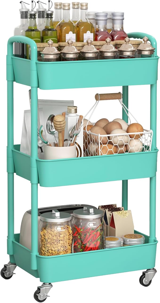 Sywhitta 3-Tier Plastic Rolling Utility Cart with Wheels for Storage, Green | Multi-Functional Storage Trolley, for Office, Living Room, Kitchen, Bathroom,Movable Organizer,Space-Saving,Easy to assemble by haseverythingyouneed
