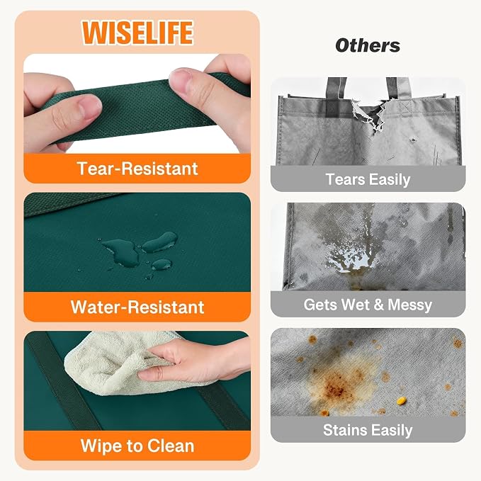 WISELIFE Reusable Grocery Bags, Foldable, Lasting Use, 35L, 4 Pack, Green | Large Shopping Bags with Reinforced Stitching, Water-Resistant Grocery Totes for Kitchen, Market, Car Trunk, Picnic - Image 2