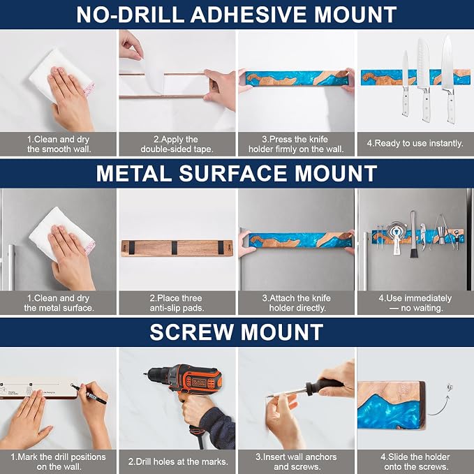 Magnetic Knife Holder for Wall 16 Inch, Acacia Burl Wood & Blue Resin Magnetic Knife Strip Bar, Powerful Magnet Kitchen Knife Storage Rack, Space-Saving Wall Mounted Organizer - Image 5