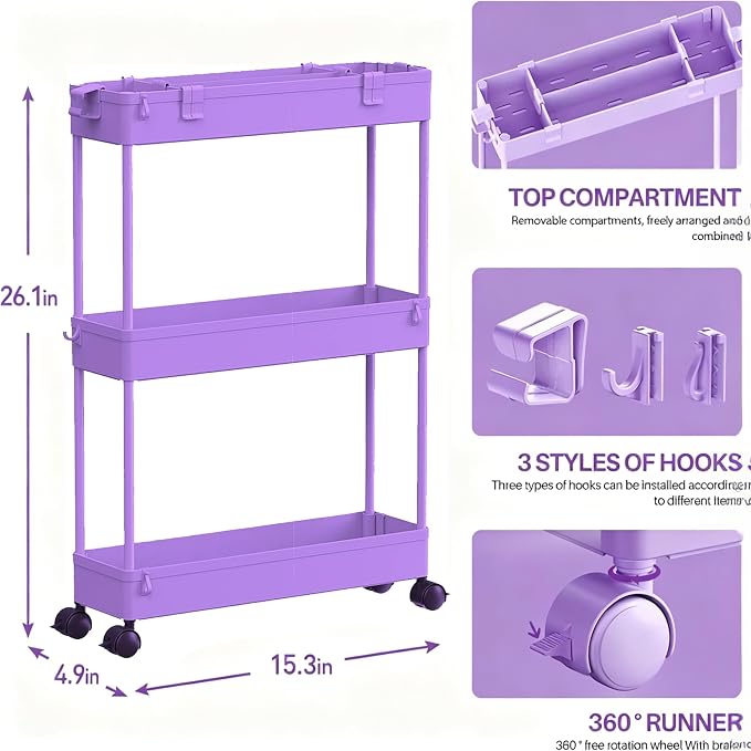 Slim Storage Cart 3 Tier,Bathroom Organizer Rolling Utility,Mobile Shelving Unit Slide Out for Office, Kitchen, Laundry Room & Narrow Places,Purple - Image 3