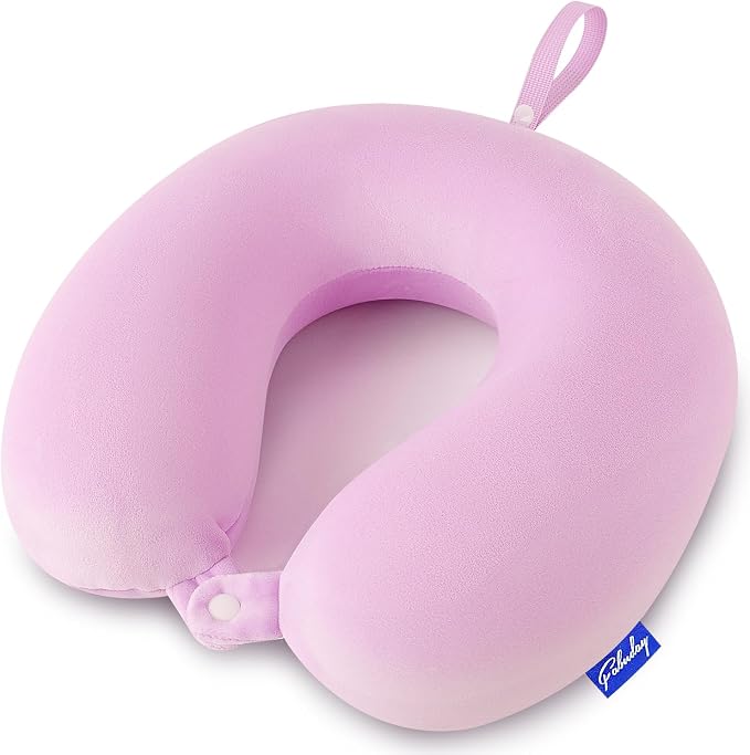 Travel Neck Pillow Memory Foam for Airplane Traveling Light Purple | Travel Neck Flight Pillow with Attachable Snap Strap Soft Washable Cover for Car, Home, Office, Head Neck Support by Fabuday
