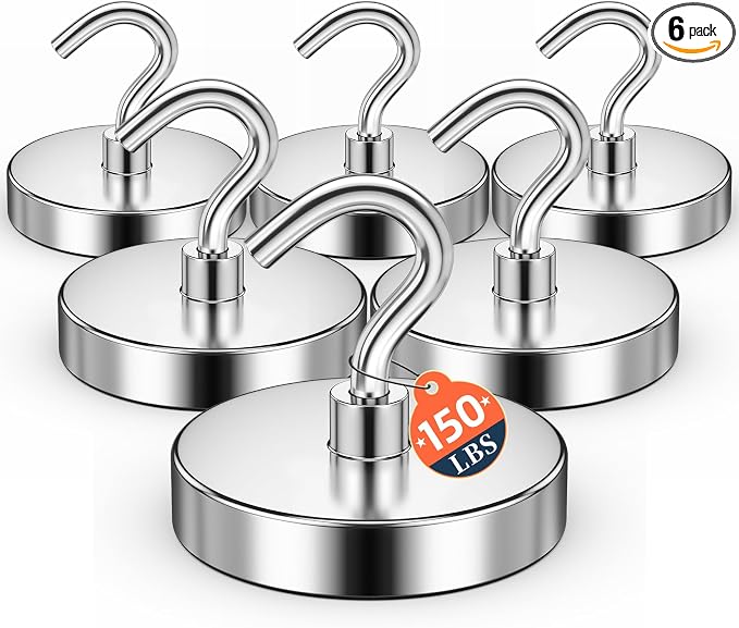 FINDMAG Magnet Hooks, 150LB+ Magnetic Hooks for Cruise Cabins, 6 Pack | Heavy Duty Magnetic Hooks for Hanging, Refrigerator, Office, Home, Kitchen, Classroom, Cruise Cabin Organizers, Silver by FINDMAG
