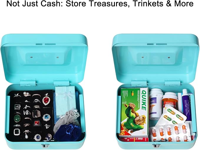 Jssmst Cash Box with Key Lock - Durable Metal Cash Box with Money Tray, Light Blue, Medium - Image 5