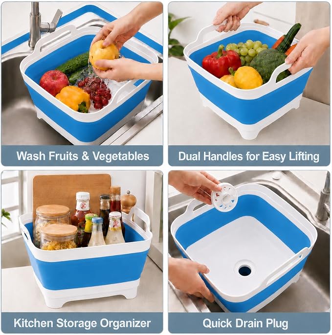 2.4 Gal(9L) Collapsible Dish Basin with Drain Plug, Space Saving Outdoor Multiuse Foldable Sink Tub, Dishpan, Kitchen Storage Tray for Camping, Vegetable Washing, RV (Blue) - Image 6