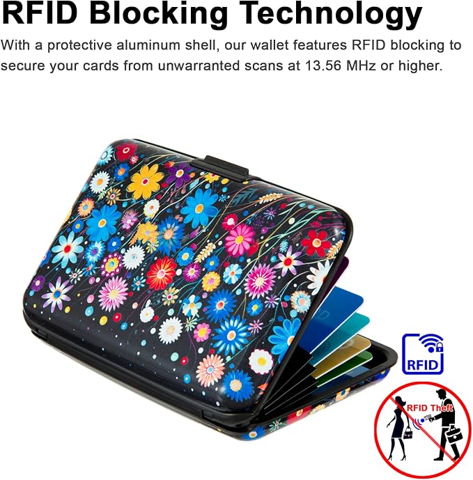 Credit Card Holder for Women Men RFID Blocking Wallet Small Business Metal Slim Mini Aluminum Hard Case (Colorful Flowers) - Image 3