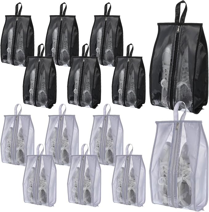 12 Pack Waterproof Shoe Bags for Travel, Portable Shoes Organizer with Zipper, Black and Grey Shoe Pouches for Men and Women by Unknown