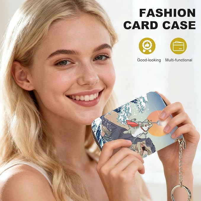 Credit Card Holder for Women,Small Rfid Wallet with Keychain Zipper,Cute PU Leather Card Case Wallet，Accordion Credit Card Wallets Gift,Cats and Dinosaurs - Image 6