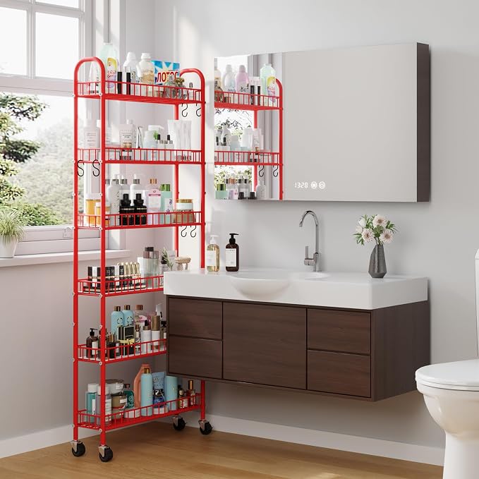 Slim Rolling Storage Cart 6 Tier, Metal Kitchen Rolling Utility Cart with Lockable Wheels for Kitchen, Bathroom, Office, Laundry Room, Small Narrow Spaces (Red 6 Inches) - Image 7