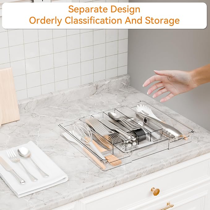 Clear Expandable Silverware Drawer Organizer,9.4-15.6In Adjustable Silverware Tray for Drawer,Acrylic Kitchen Utensil Drawer Organizer for Cutlery,Flatware Organizers and Fork and Spoon Holder - Image 9