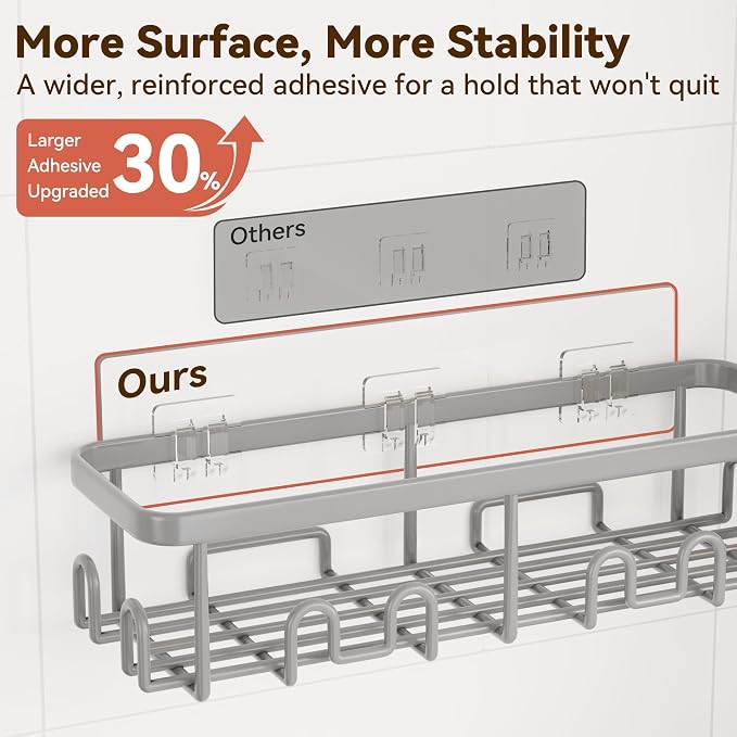Shower Caddy Adhesive, Rustproof Shower Organizer, Wall Shower Rack | Large Capacity Shower Shelves for Inside Shower, Shampoo Shower Holder, Grey, 3 Caddies, 1 Soap Dish, 1 Toothbrush Holder - Image 6