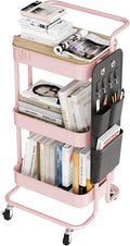 DTK 3-Tier Rolling Cart with Table Top, Metal Utility Cart with Side Bags | Tray Storage Organizer, Lockable Wheels, 4 Hooks, Art Cart for Kitchen, Bathroom, Office, Craft room, Living room, Pink by DTK