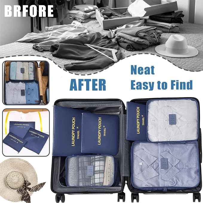 6 Set Packing Cubes for Travel Luggage Packing Bags Reusable Waterproof Suitcase Organizer Bags Set with Shoe Bag and Toiletry Bag (Navy Blue) - Image 5