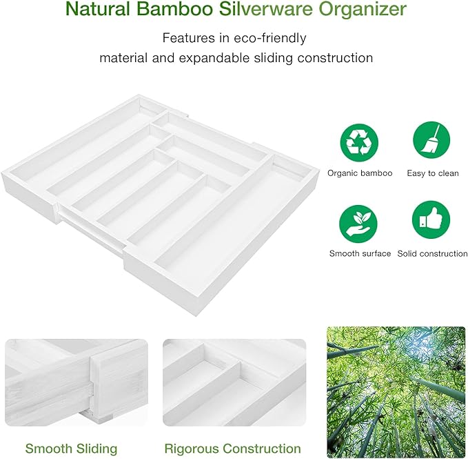 Pipishell Bamboo Expandable Drawer Organizer for Utensils Holder, Adjustable Cutlery Tray, Wood Drawer Dividers Organizer for Silverware, Flatware, Knives in Kitchen, Bedroom, Living Room (White) - Image 5