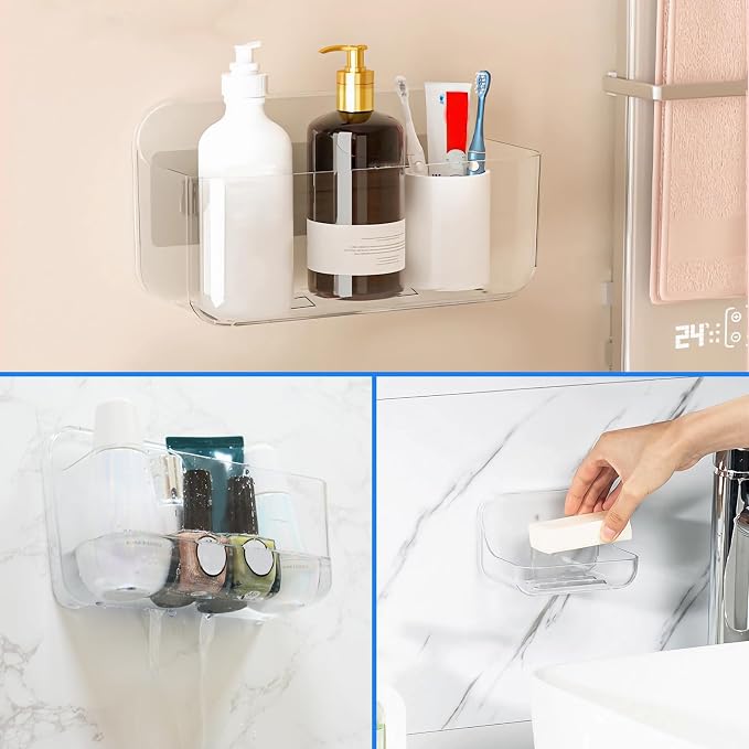 Acrylic Wall Mount Organizer, 3Pcs Clear Adhesive Bathroom Shelves | Acrylic Soap Basket for wall,No Drilling Hang Wall Adhesive Shelves, Self Adhesive Shelf for Bathroom, Kitchen, Living Room - Image 7
