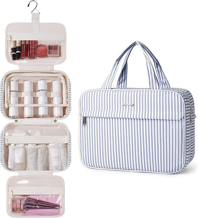 Narwey Striped Hanging Travel Toiletry Bag, Makeup Bag Organizer Make up Toiletries Bags for Full Size Essentials, Accessories, Brushes, Cosmetics (Greyish Blue Stripe, Large) by Narwey