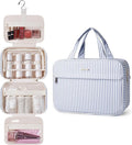 Narwey Striped Hanging Travel Toiletry Bag, Makeup Bag Organizer Make up Toiletries Bags for Full Size Essentials, Accessories, Brushes, Cosmetics (Greyish Blue Stripe, Large) by Narwey