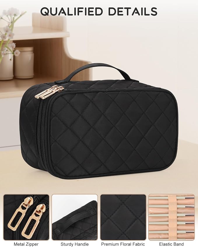 Relavel Small Travel Makeup Bag for Women, 2 Layer Makeup Organizer | Travel Cosmetic Bag with Separate Brush Compartment, Portable Make Up Storage with Handle for Short Trip, Gym - Image 3