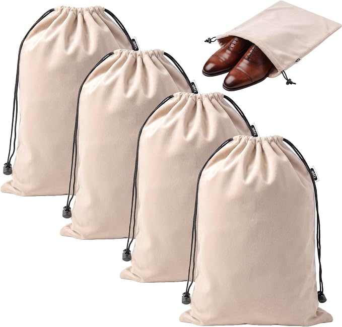 Travel Shoe Bags, 4 Pack Large Flannel Drawstring Bags (Camel Beige) | Soft Flannel fabric, 17.7 x 13.8 in, Fits up to Men's 13, Machine Washable by Unknown