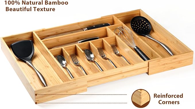 Extra Large Expandable Kitchen Siverware Utensils Drawer Organizer, 19" Deep for Big Drawer, Adjustable Bamboo Wood Drawer Divider with Curved Grooves, Cutlery Tray Flatware Holder - Image 3